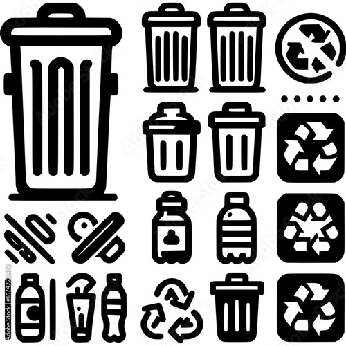 Recycling icons: Clean and simple vector icon set symbolizing sustainability, waste reduction, and environmental consciousness, ready for design projects.
