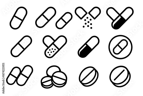Various black and white capsule and tablet icons for medical use