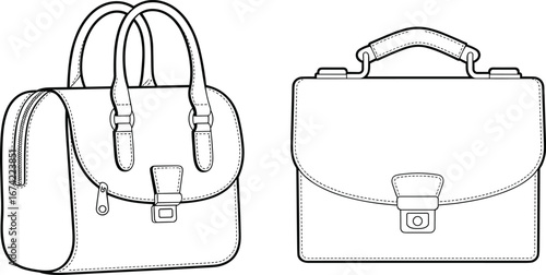 Vector illustration of two modern handbags in black and white line art, perfect for fashion, design, branding, and product displays.