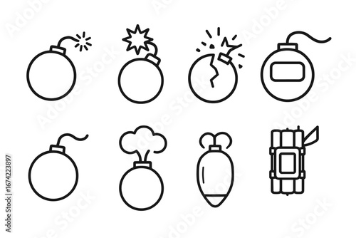 Set of eight bomb icons with fuses and explosions in black line art style