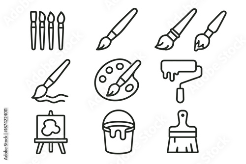 Set of art tools and supplies: brushes, palette, easel, paint can, roller