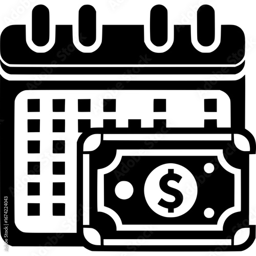 Financial Planning Calendar Icon: A monochrome representation of financial planning, showcasing a calendar paired with a dollar bill, symbolizing deadlines and monetary management.