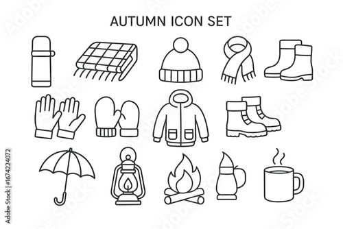 Autumn icon set: cozy clothing and accessories for chilly weather
