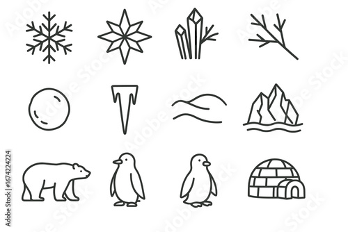 Winter icons: snowflake, ice crystals, penguin, igloo, and more illustrations