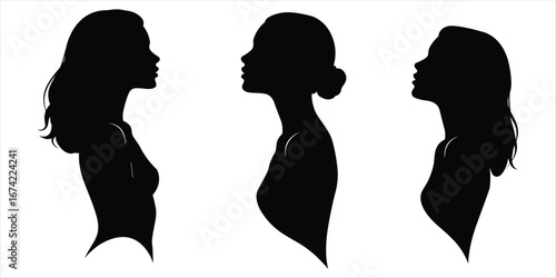 Three black silhouettes of women's profiles with different hairstyles woman female