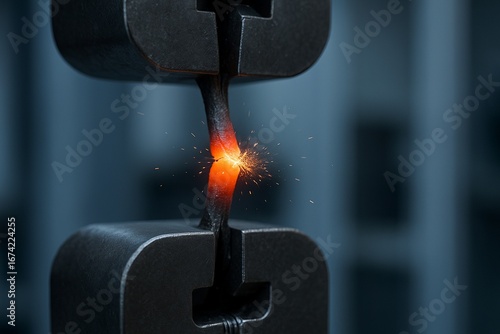 Close-up of a tensile strength testing machine breaking a glowing hot metal bar.