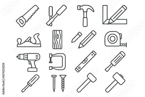 Line art of essential woodworking tools and equipment icons