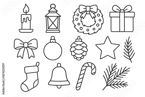 Set of holiday icons: candle, lantern, wreath, gift, bell, candy cane