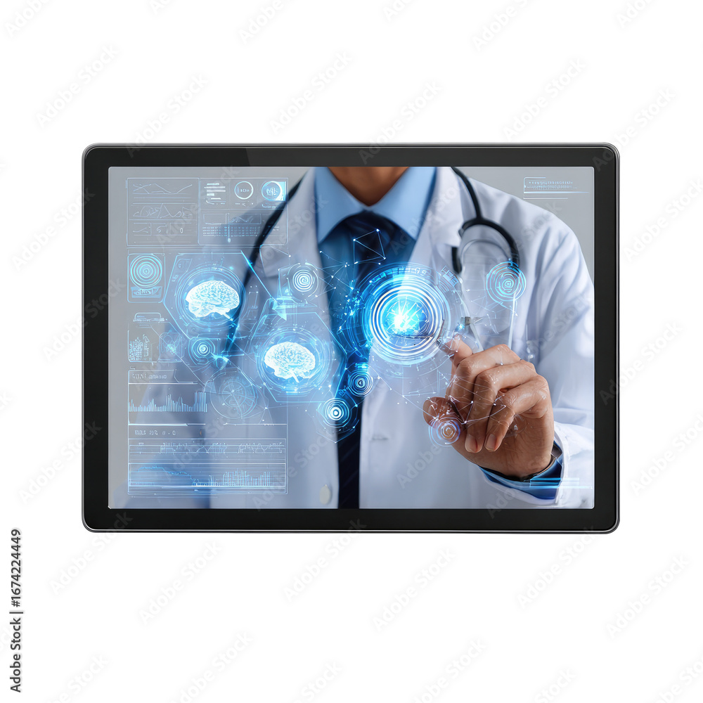 Fototapeta premium Doctor using a tablet with holographic medical interface