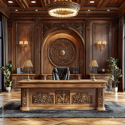 Opulent vintage office space with ornate antique wooden furniture, classic luxury interior, elegant decor, and warm lighting create sophisticated, inviting atmosphere
