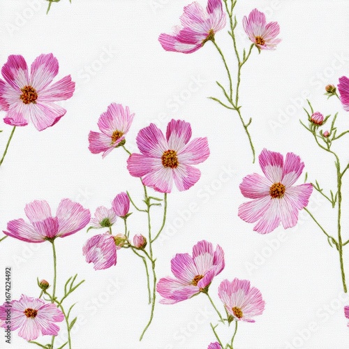 Delicate pink cosmos flowers patterned on a white background.