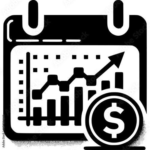 Financial Growth Calendar: A minimalistic depiction of financial growth, showing a calendar combined with charts and a dollar sign to symbolize business growth, planning, and financial success. 