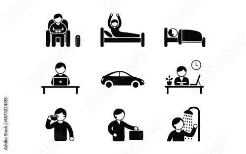 Daily routine illustrated black icon set