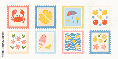 Collection of eight vibrant summer themed postage stamps featuring fruits beach elements and nature illustrations