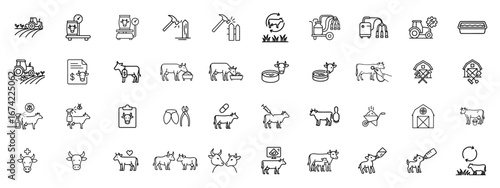 Cattle Farm Line Icons Set ? Thin 1.5px Stroke Vector  Cow, Calf, Milking, Barn, Veterinary, Agriculture & Farming Outline Icons Pack