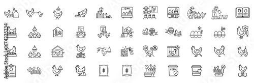 Poultry Farm Activities Line Icons Pack High Detail minimal thin Stroke Vector Chicken, Egg, Broiler, Layer, Farming, Agriculture Icons Set