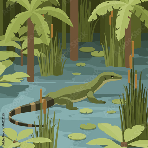 Lizard in a swampy jungle with palm trees and water lilies