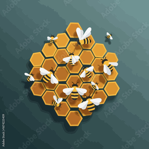 Bees swarm on a honeycomb structure against a dark background.