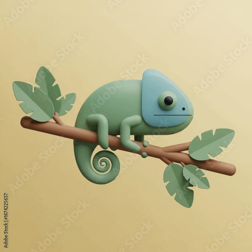 A clay chameleon sits on a branch with green leaves.