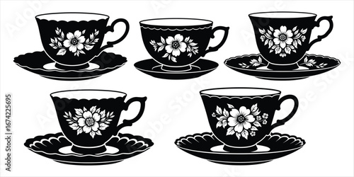 Vintage Floral Tea Cups and Saucers Black and White Engraving Style Keywords: tea cup, teacup, saucer