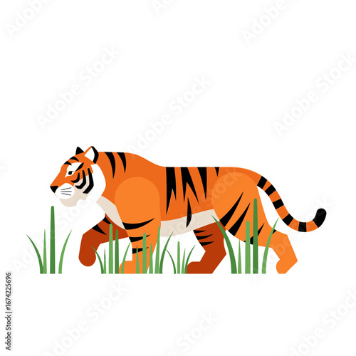 A stylized tiger walks through grass.