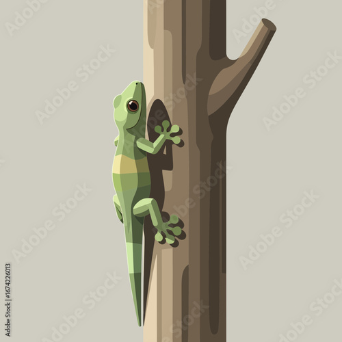 A green lizard clings to a textured tree trunk.