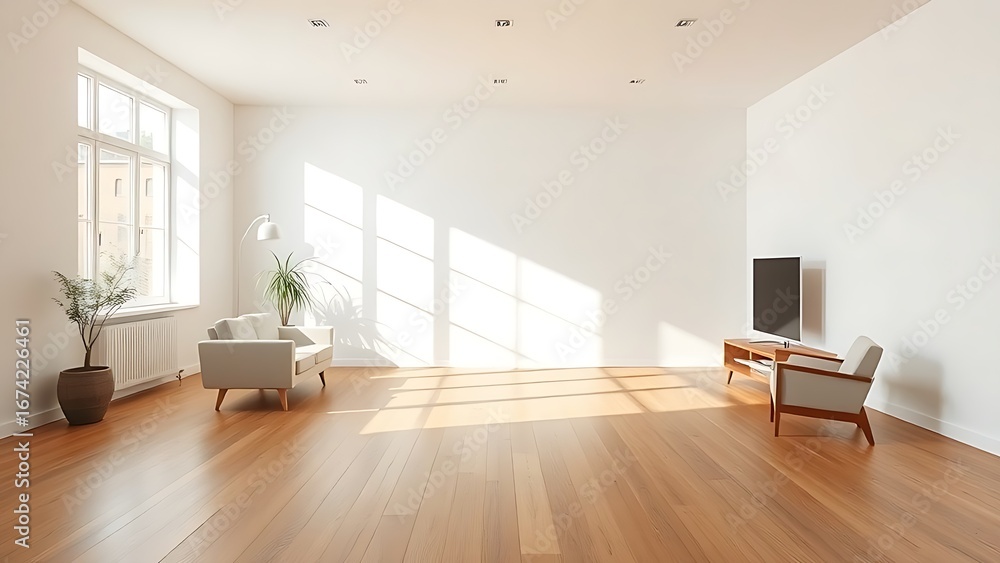 Fototapeta premium Minimalist living room with clean white walls and warm wood flooring, featuring mid-century modern furniture and soft natural light.