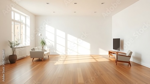 Wallpaper Mural Minimalist living room with clean white walls and warm wood flooring, featuring mid-century modern furniture and soft natural light. Torontodigital.ca