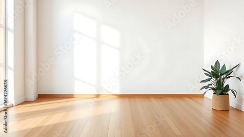 Minimalist living room corner with wooden floors and diffused light, exuding calm simplicity.