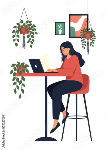 Young woman working on laptop at a high table surrounded by lush green plants in a brightly lit room creating a productive and relaxing atmosphere
