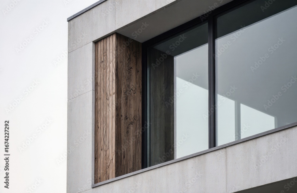 Fototapeta premium Modern building facade with concrete, wood, and glass elements creating a sleek architectural design