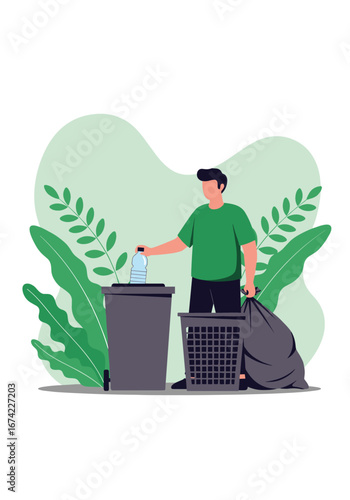 Man carefully sorts recycling into different bins for a cleaner environment and sustainable future