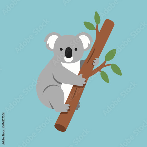 A cartoon koala clings to a tree branch against a blue background.