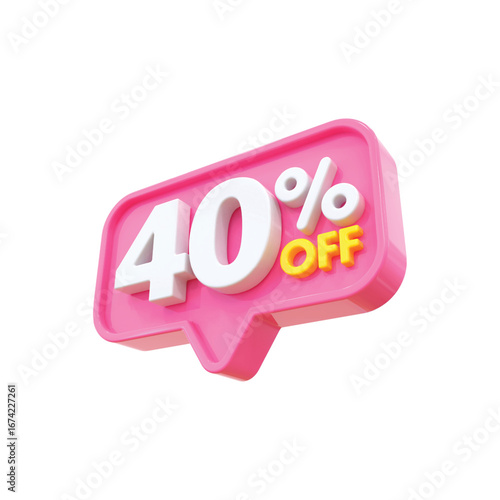 3d pink speech bubble with 40 percent off sale discount notification vector