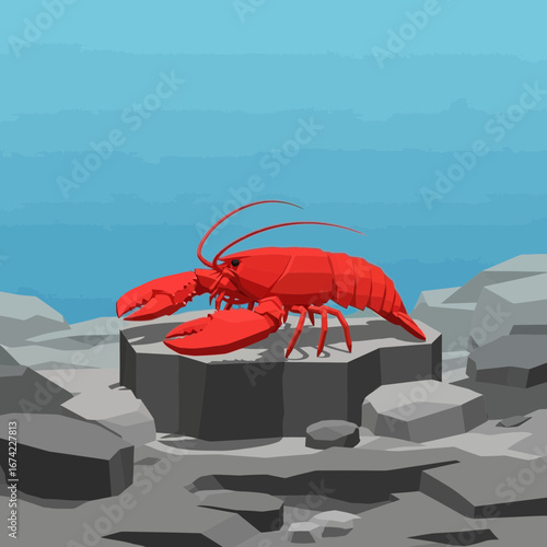 Red lobster on a rock underwater with blue water and rocks