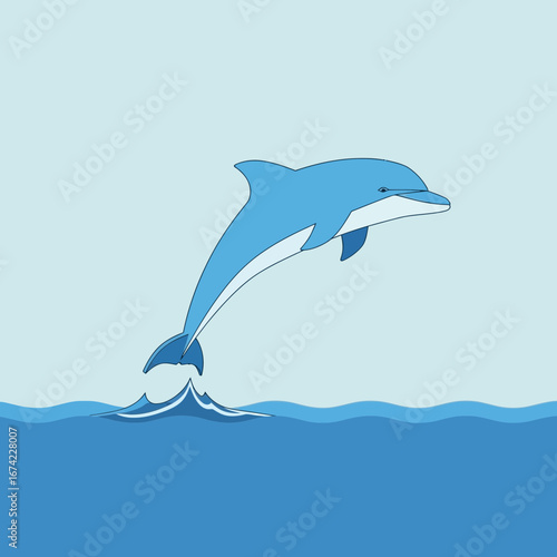 A blue dolphin leaps from the ocean waves.