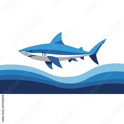 Blue shark swimming above stylized ocean waves.
