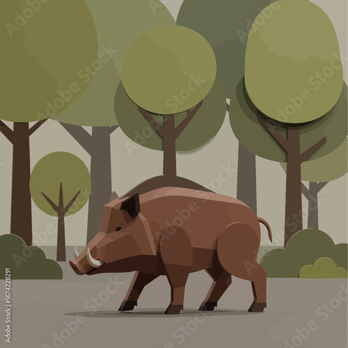 A wild boar walks through a stylized forest.