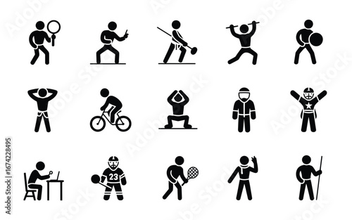 Illustrated black stick figures representing various activities icon set