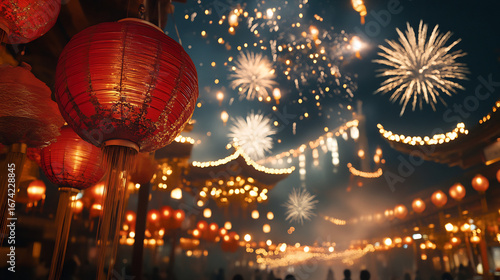 Red lantern festival night celebration fireworks traditional Chinese vibrant glowing joyful atmosphere fill scene with cultural charm and excitement during festive night event