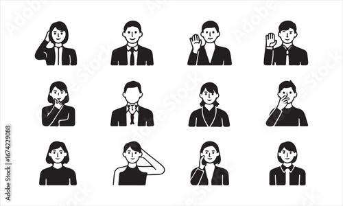 Vector Illustration of Various People Expressing Different Emotions Through Gestures, black and white vector illustrations of diverse business professionals exhibiting various gestures.