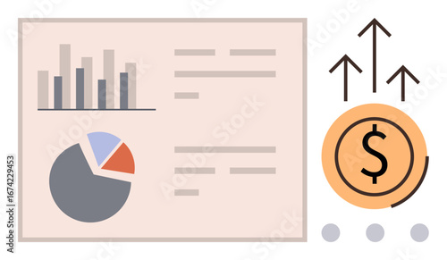 Bar and pie charts on a financial report, dollar symbol with upward arrows, growth concept. Ideal for finance, business data, strategy, investment, revenue economy success. Simple flat metaphor