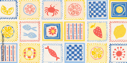Whimsical summer pattern with fruits sea creatures and geometric designs