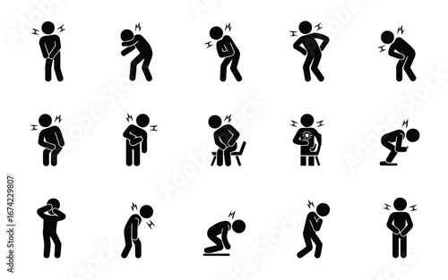 Pain and discomfort in various body areas icon set