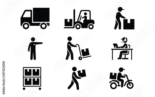 Logistics and delivery icons representing shipping activities icon set
