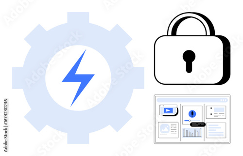 Free Download Gear with lightning bolt, secure padlock, data dashboard interface. Ideal for cybersecurity, data safety, technology, efficiency, system protection, power network security simple flat metaphor - GFXLoad