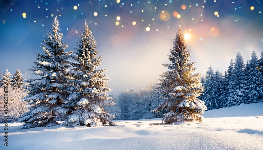 Fototapeta premium two snow covered pine trees with twinkling lights in a winter wonderland setting