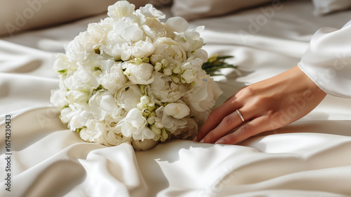 Top view of elegant wedding bouquet on white satin table with feminine hand reaching for it