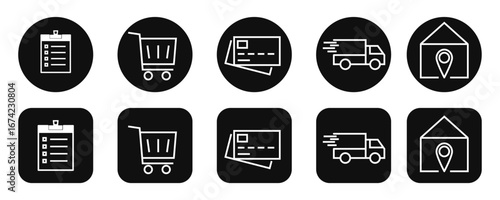 E-commerce Icons Set – Online Shopping, Order, Payment, Delivery and Store Location Symbols Isolated on Black Background