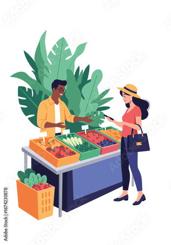 Fresh produce market scene with diverse shopper buying fruits vegetables